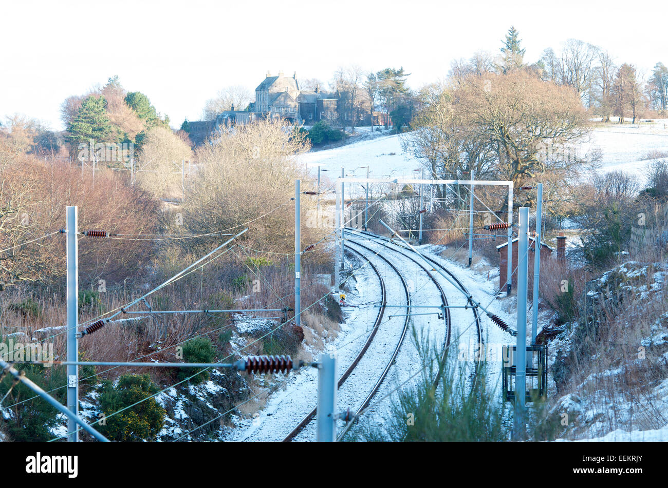 Railway track near Langbank, Scotland in winter. Stock Photo