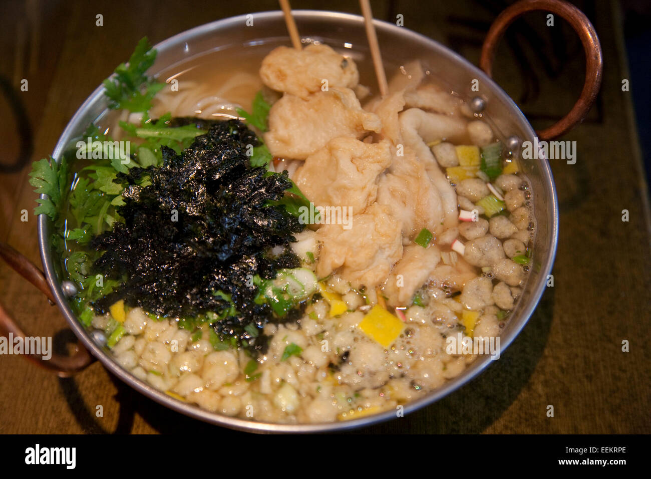 Odeng guksu is a fish cake soup with noodles served in Korea. Stock Photo