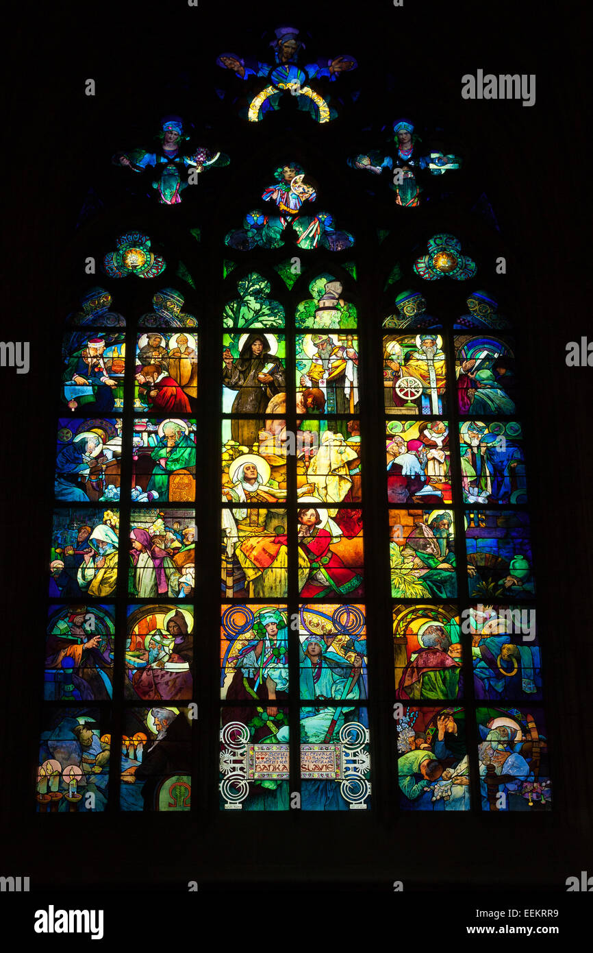 Alfons Mucha stained-glass window in Saint Vitus Cathedral. Prague, Czech Republic. Stock Photo