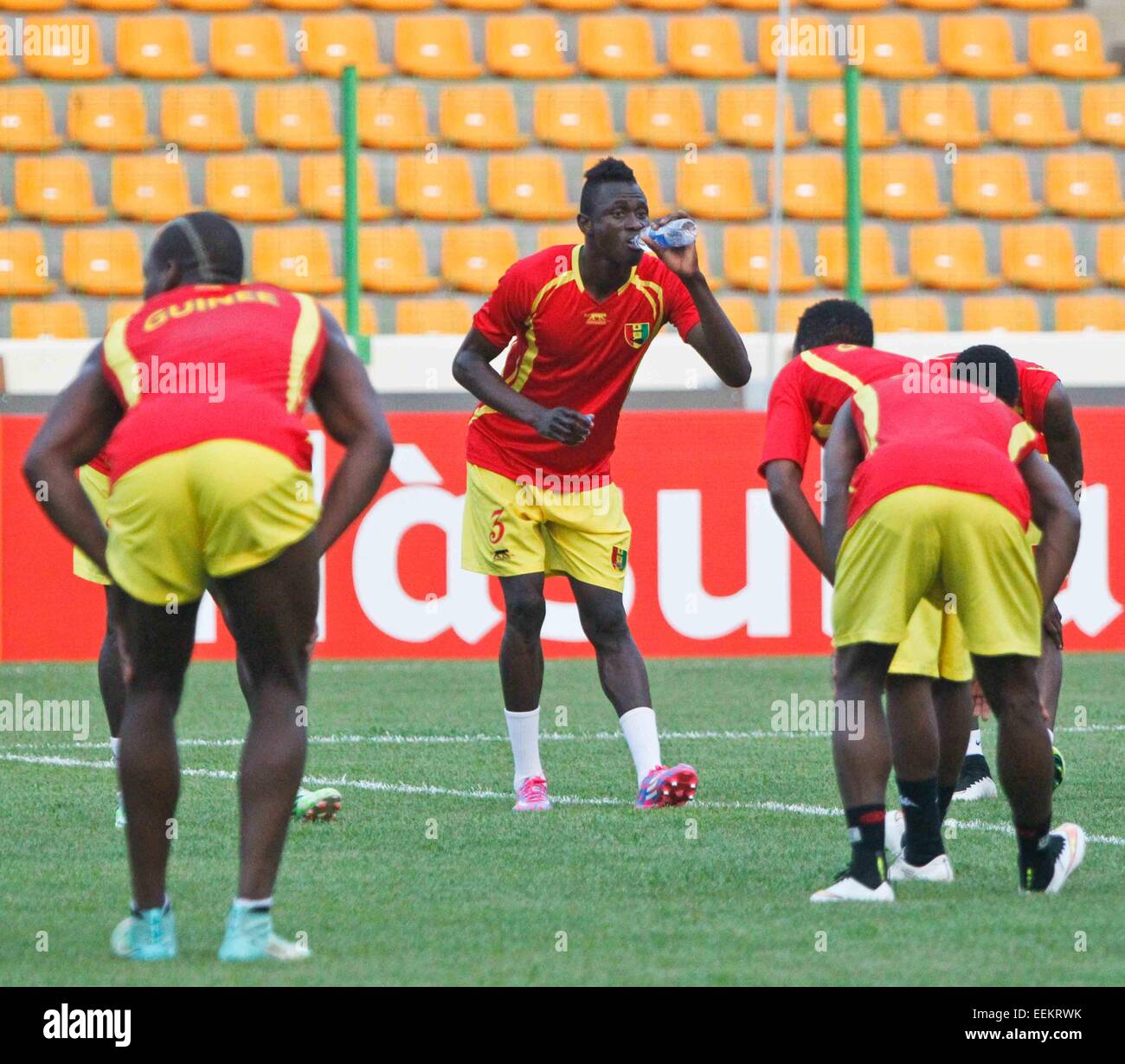 Malabo, Equatorial Guinea. 19th Jan, 2015. Players of the Guinean national football team attend a training session at the Malabo Stadium in Malabo, capital of Equatorial Guinea, Jan. 19, 2015. Guinea will play with Cote d'Ivoire on Jan. 20 in its first group match of the 2015 African Cup finals. © Li Jing/Xinhua/Alamy Live News Stock Photo