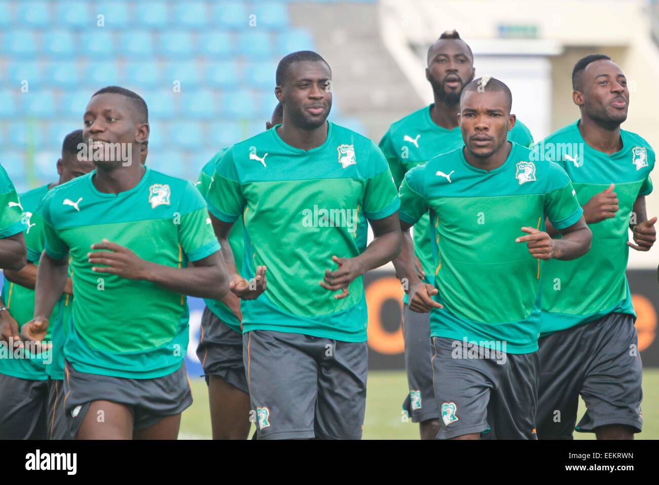 Malabo, Equatorial Guinea. 19th Jan, 2015. Players of the national football team of Cote d'Ivoire attend a training session at the Malabo Stadium in Malabo, capital of Equatorial Guinea, on Jan. 19, 2015. Cote d'Ivoire will play with Guinea in its first group match of the 2015 African cup finals here on Jan. 20. © Li Jing/Xinhua/Alamy Live News Stock Photo