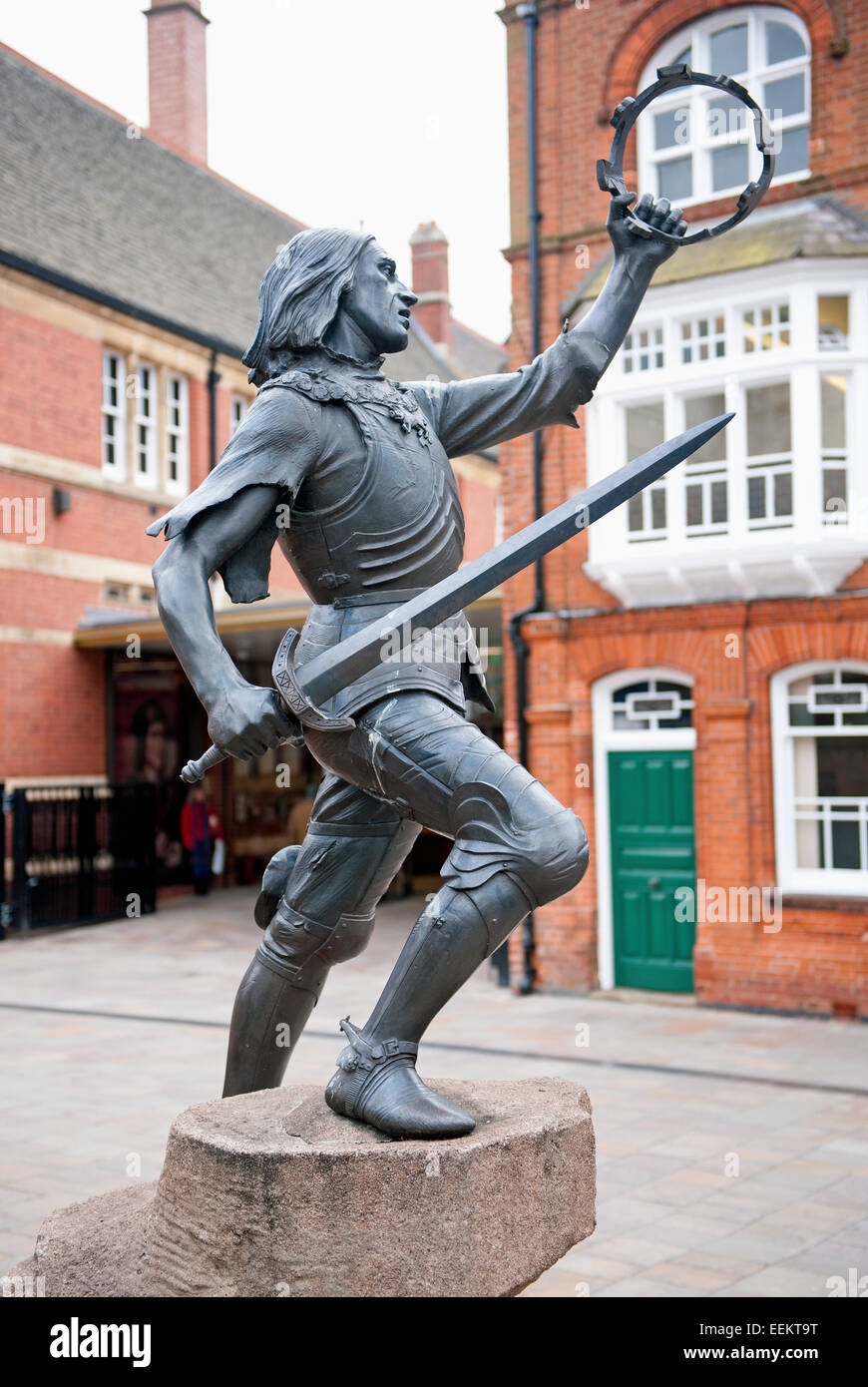 A statue at the entrance of The King Richard III Visitor Centre in Leicester City. Dynasty, Death and Discovery. Stock Photo