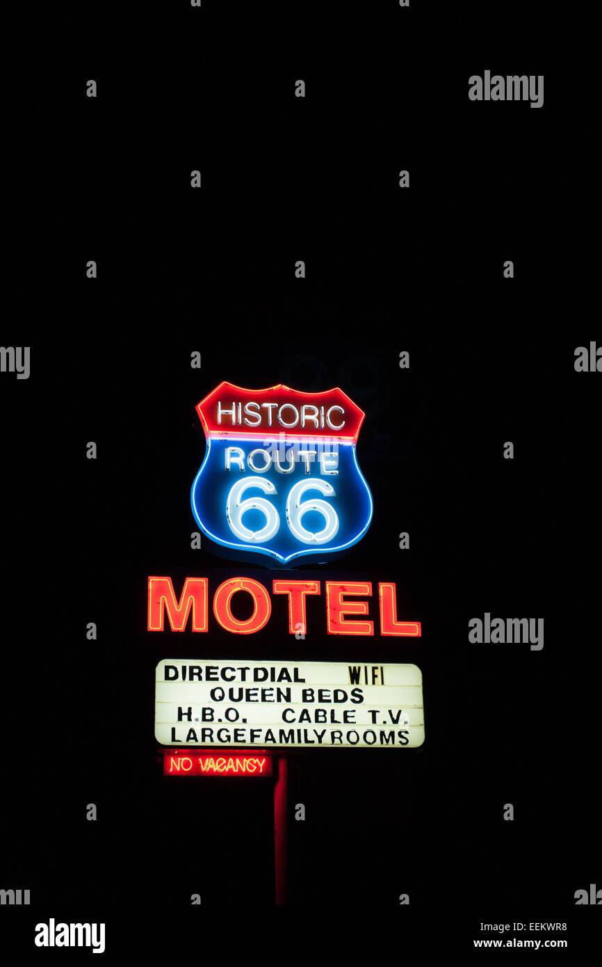 An historic route 66 neon motel sign in Seligman, Arizona, California Stock Photo