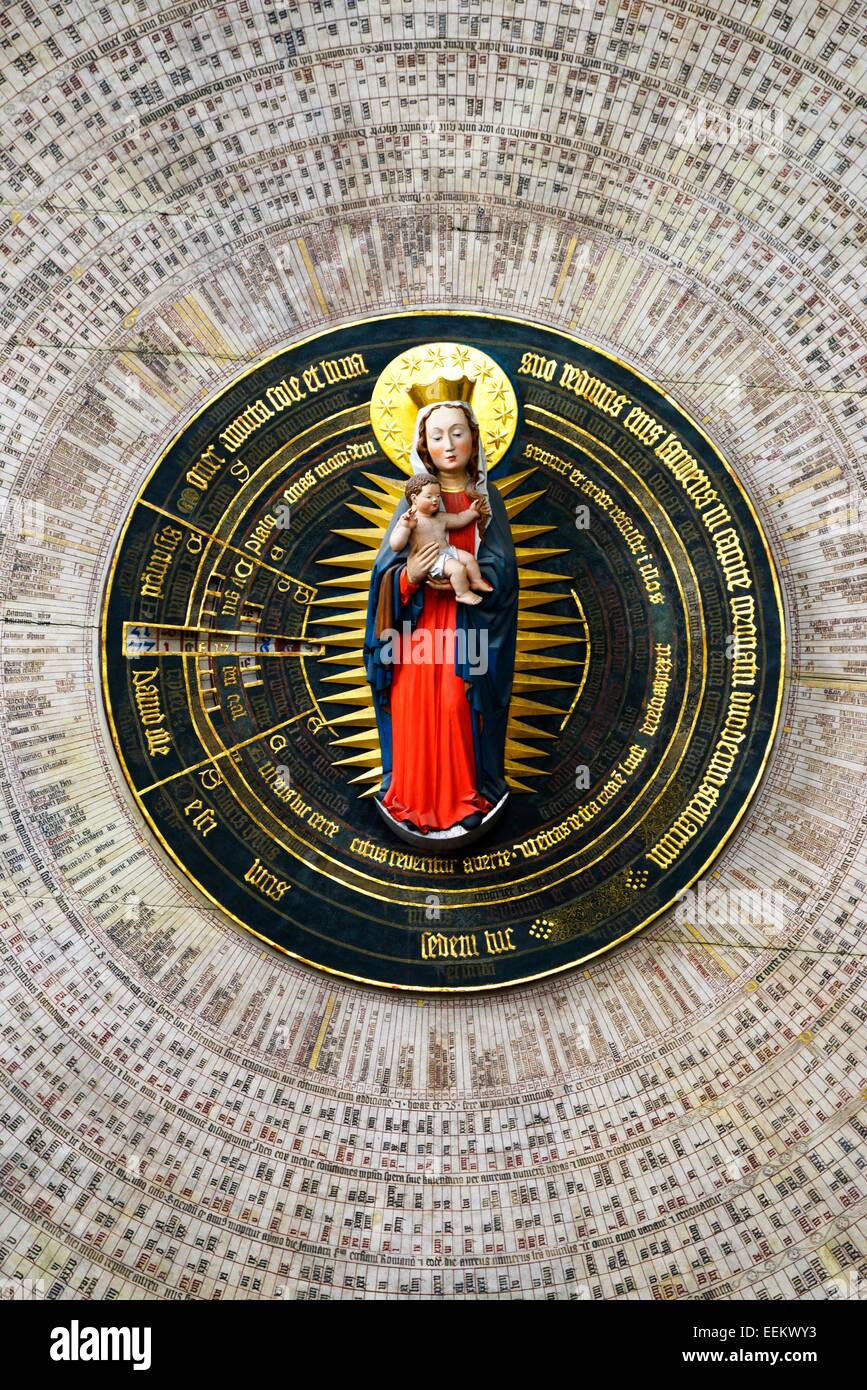 Gdansk Poland. 15th C Gdansk Astronomical Clock, St Mary’s Church. Mary and Jesus at centre of calendar dial of saint’s days Stock Photo