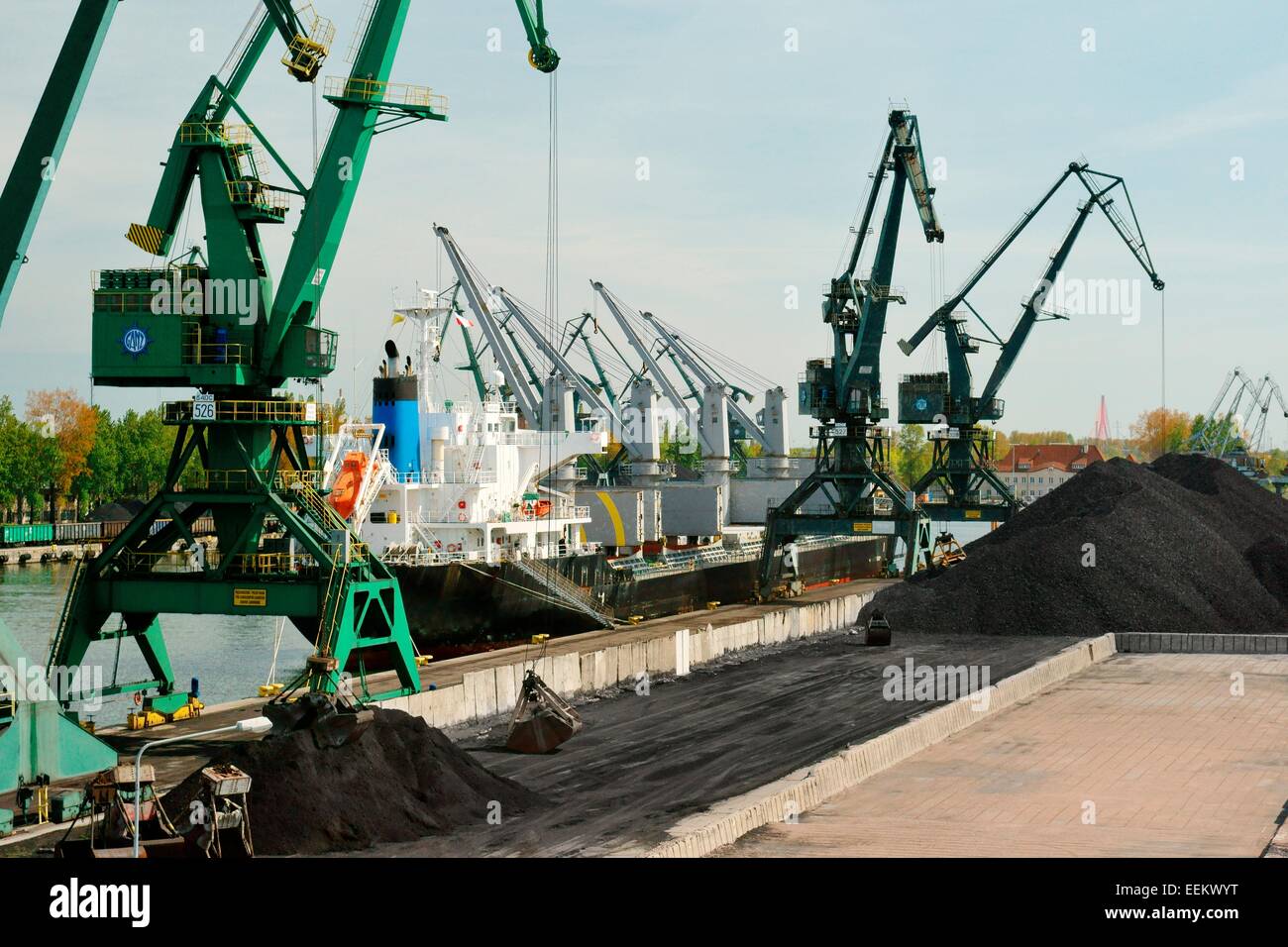 Poland. Port of Gdansk dock facilities. Freighter cargo vessel loading Polish coal at Rudowe Quay in the Gorniczy Basin Stock Photo