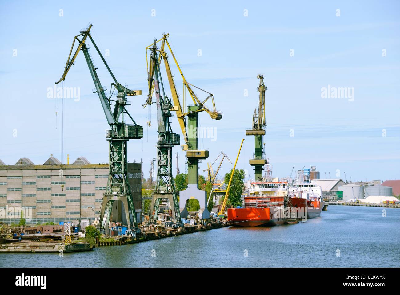 Gdansk Poland. Port dock facilities and warehouses of Stocznia Gdansk S.A. on south tip of Ostrow Island Stock Photo