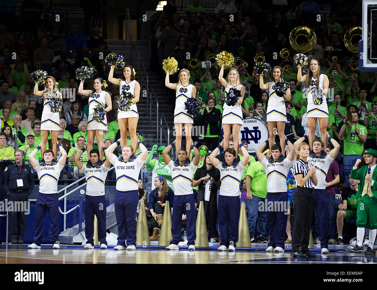 South Bend, Indiana, USA. 19th Jan, 2015. Notre Dame cheerleaders perform during NCAA Basketball game action between the Notre Dame Fighting Irish and the Tennessee Volunteers at Purcell Pavilion at the Joyce Center in South Bend, Indiana. Notre Dame defeated Tennessee 88-77. © csm/Alamy Live News Stock Photo