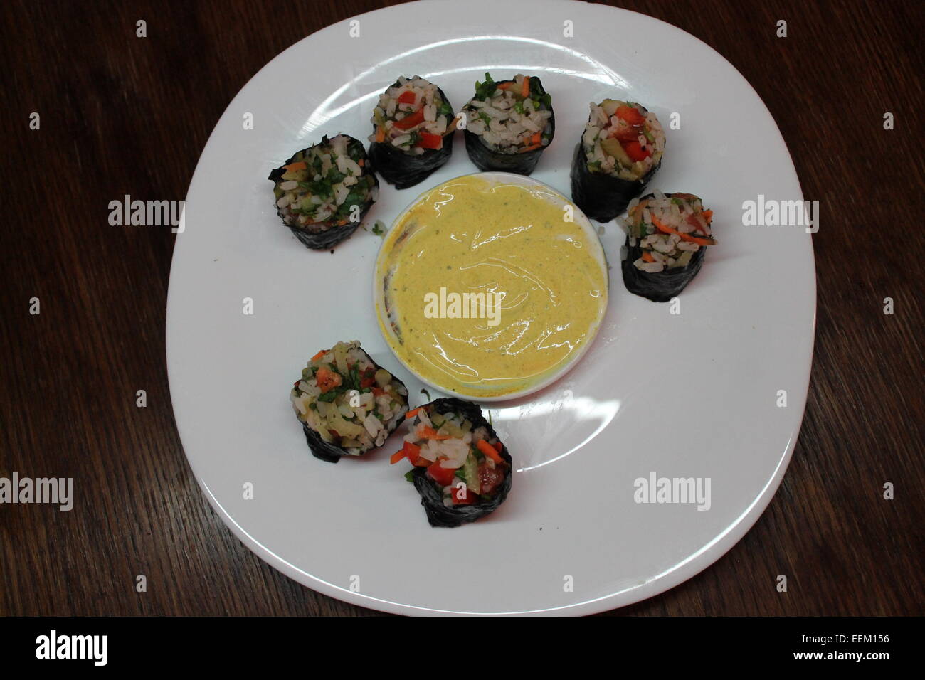 vegetarian spicy juicy sushi with piquant sauce Stock Photo Alamy