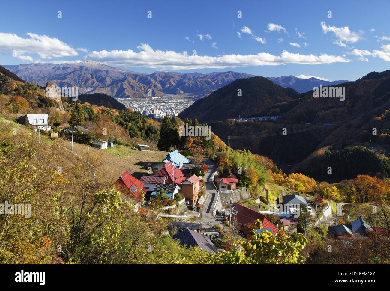 mountain village and view of Nagano City Stock Photo