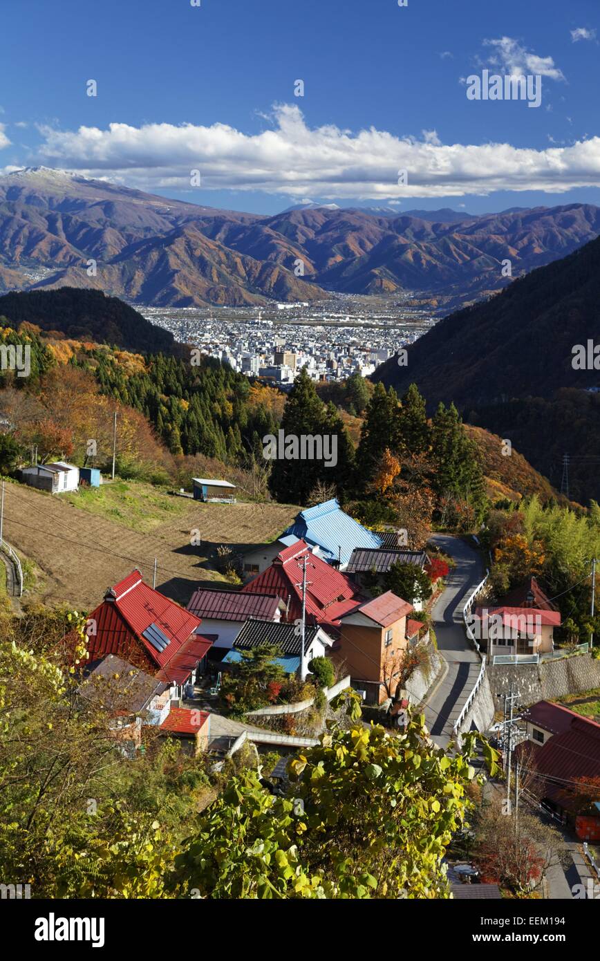 mountain village and view of Nagano City Stock Photo