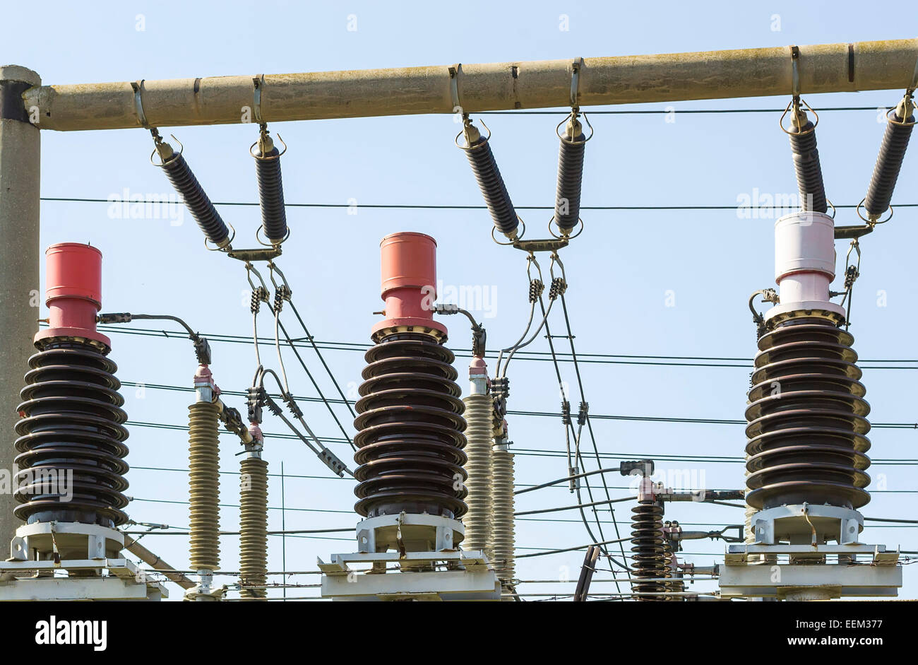 Detail view of big electric coils for energy distribution Stock Photo