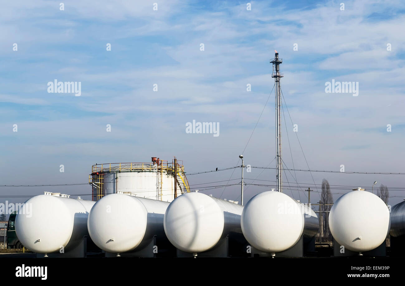 New , white natural gas storage tanks ready to be installed Stock Photo
