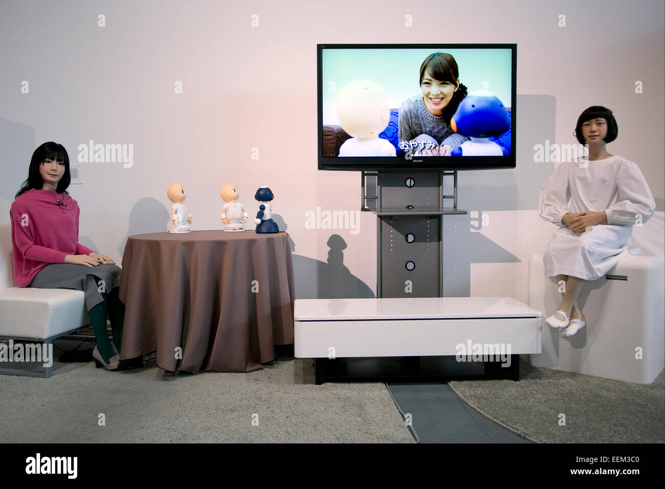 Tokyo, Japan. 20th Jan, 2015.  (L to R) The android robot Otonaroid, CommU, Sota and Kodomoroid speak together during a press conference at the National Museum of Emerging Science and Innovation Miraikan. The robots CommU and Sota can interact with humans and other robots in normal life conversation. According to profesor Ishiguro the robots can to speak, answer and ask multiple questions in Japanese and English, which can help users to learn other languages. Credit:  Rodrigo Reyes Marin/AFLO/Alamy Live News Stock Photo