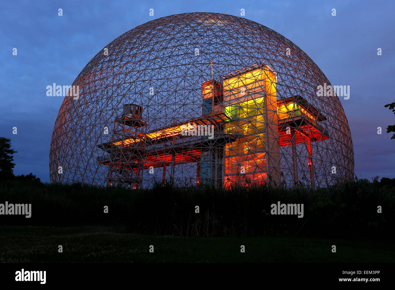 Dome structure, illuminated Environment Museum, Park Jean Drapeau, Montreal, Quebec Province, Canada Stock Photo