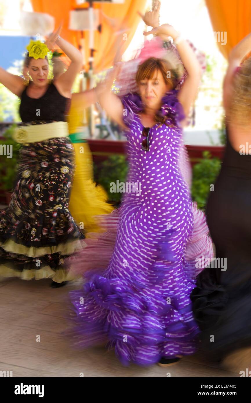 Flamenco dancers at the Feria del Caballo, Jerez de la Frontera, Andalusia, Spain Stock Photo