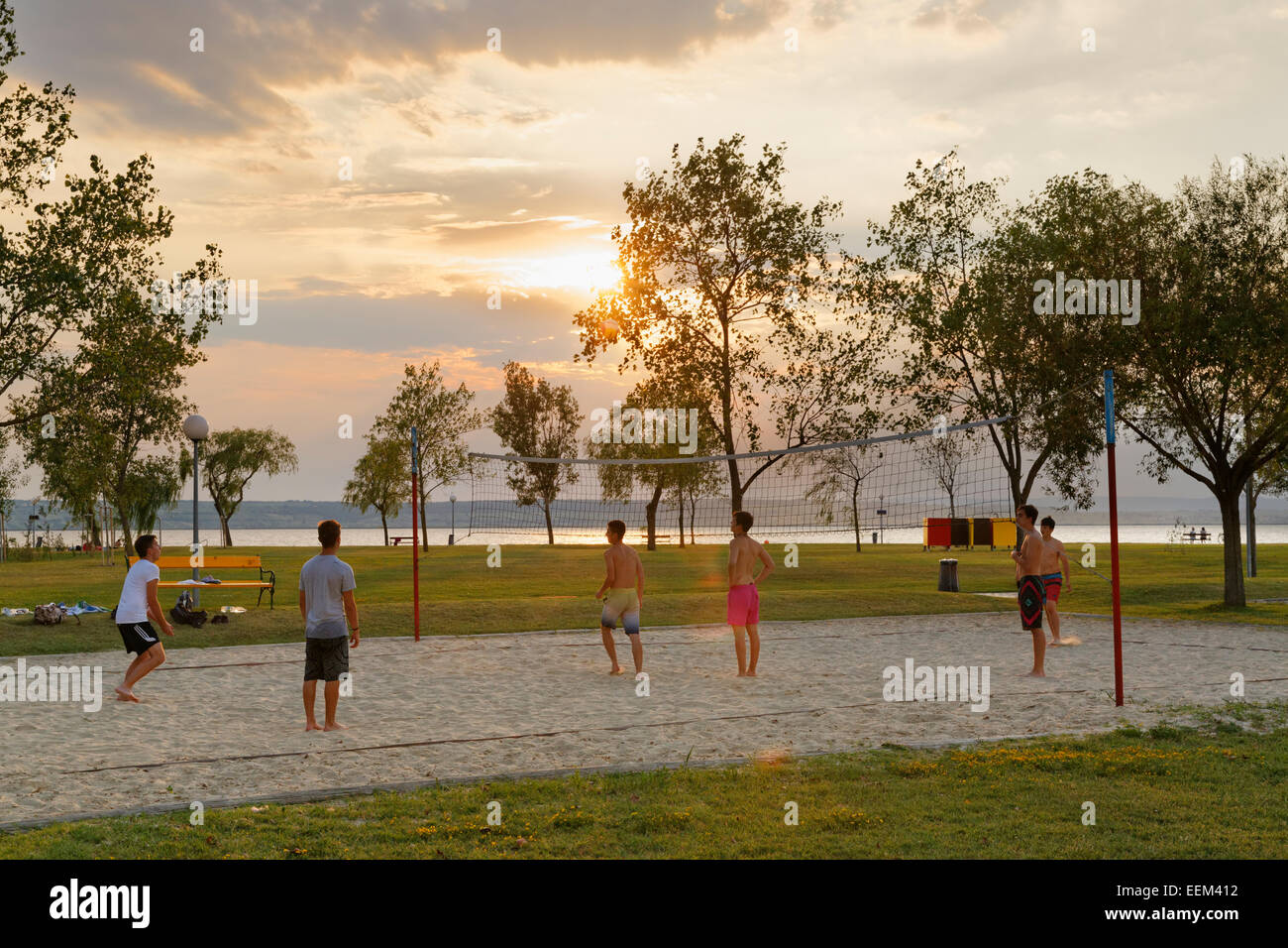 Playing beach ball on Lake Neusiedl, Illmitz, Northern Burgenland, Burgenland, Austria Stock Photo