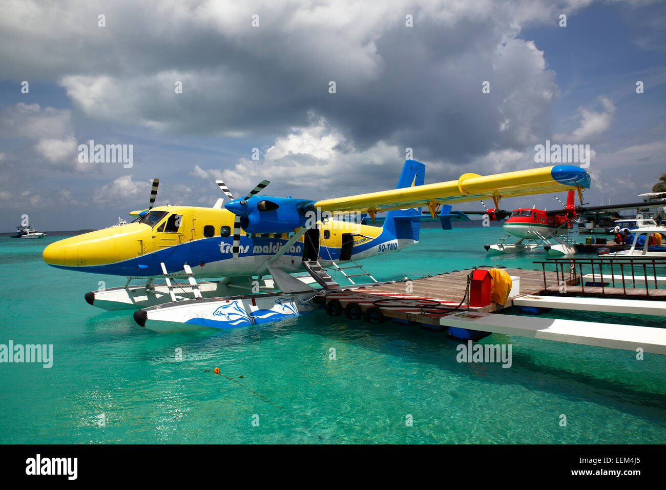 Seaplanes at the pontoon of Kuredu Island, Kuredu Island Resort, Lhaviyani Atoll, Maldives Stock Photo