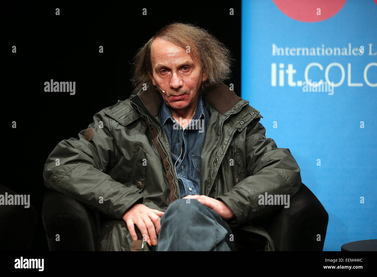 Cologne, Germany. 19th Jan, 2015. The French author Michel Houellebecq presents his novel 'Submission' in Cologne, Germany, 19 January 2015. Photo: Oliver Berg/dpa/Alamy Live News Stock Photo