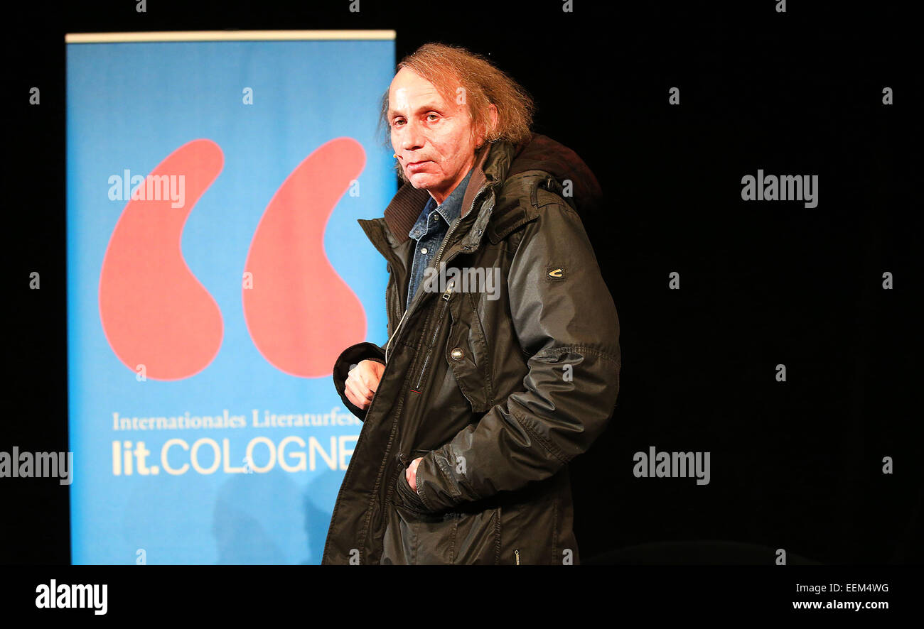 Cologne, Germany. 19th Jan, 2015. The French author Michel Houellebecq arrives for the presentation of his novel 'Submission' in Cologne, Germany, 19 January 2015. Photo: Oliver Berg/dpa/Alamy Live News Stock Photo