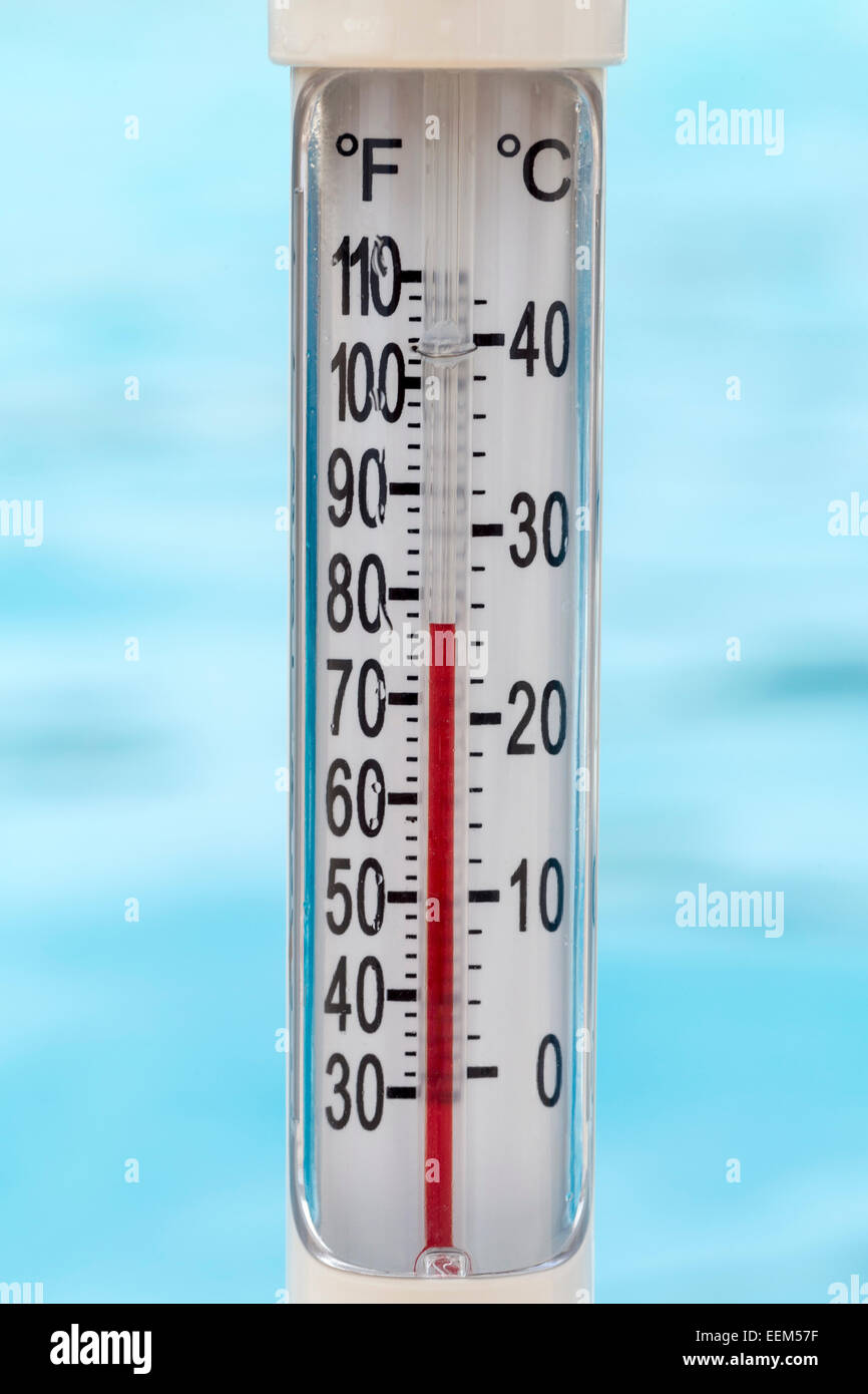 Pool thermometer showing 25 degrees Celsius Stock Photo