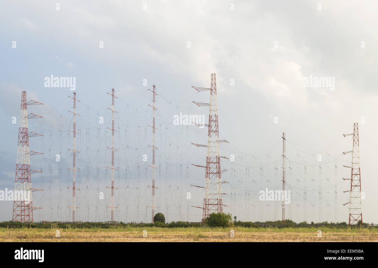 Antennas array of large dimensions for long wave  radio transmissions Stock Photo