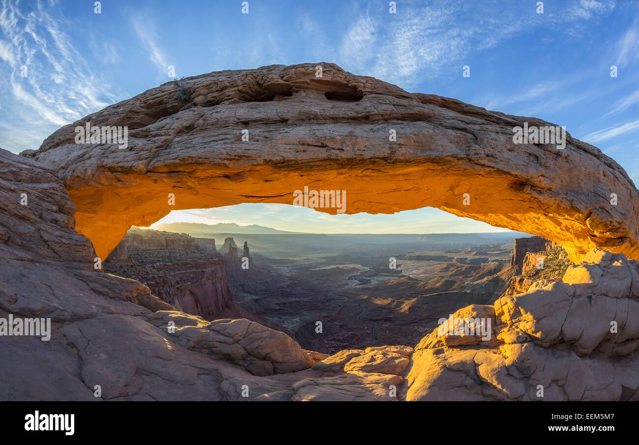 Mesa Arch at sunrise, Island in the Sky, Canyonlands National Park, Moab, Utah, United States Stock Photo