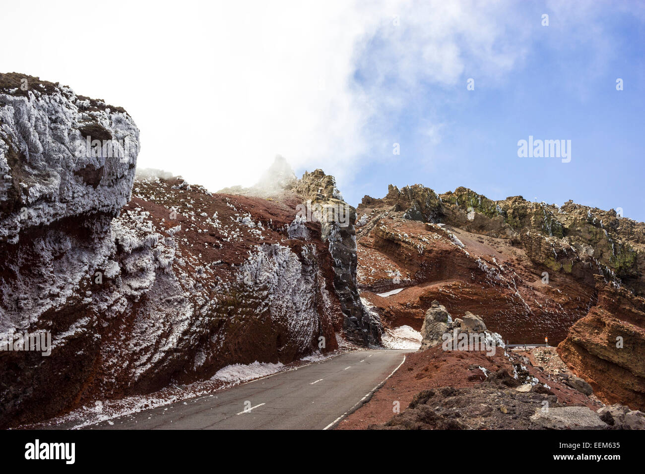 Road to the Roque de los Muchachos, ice-covered volcanic rocks, fog, La Palma, Canary Islands, Spain Stock Photo