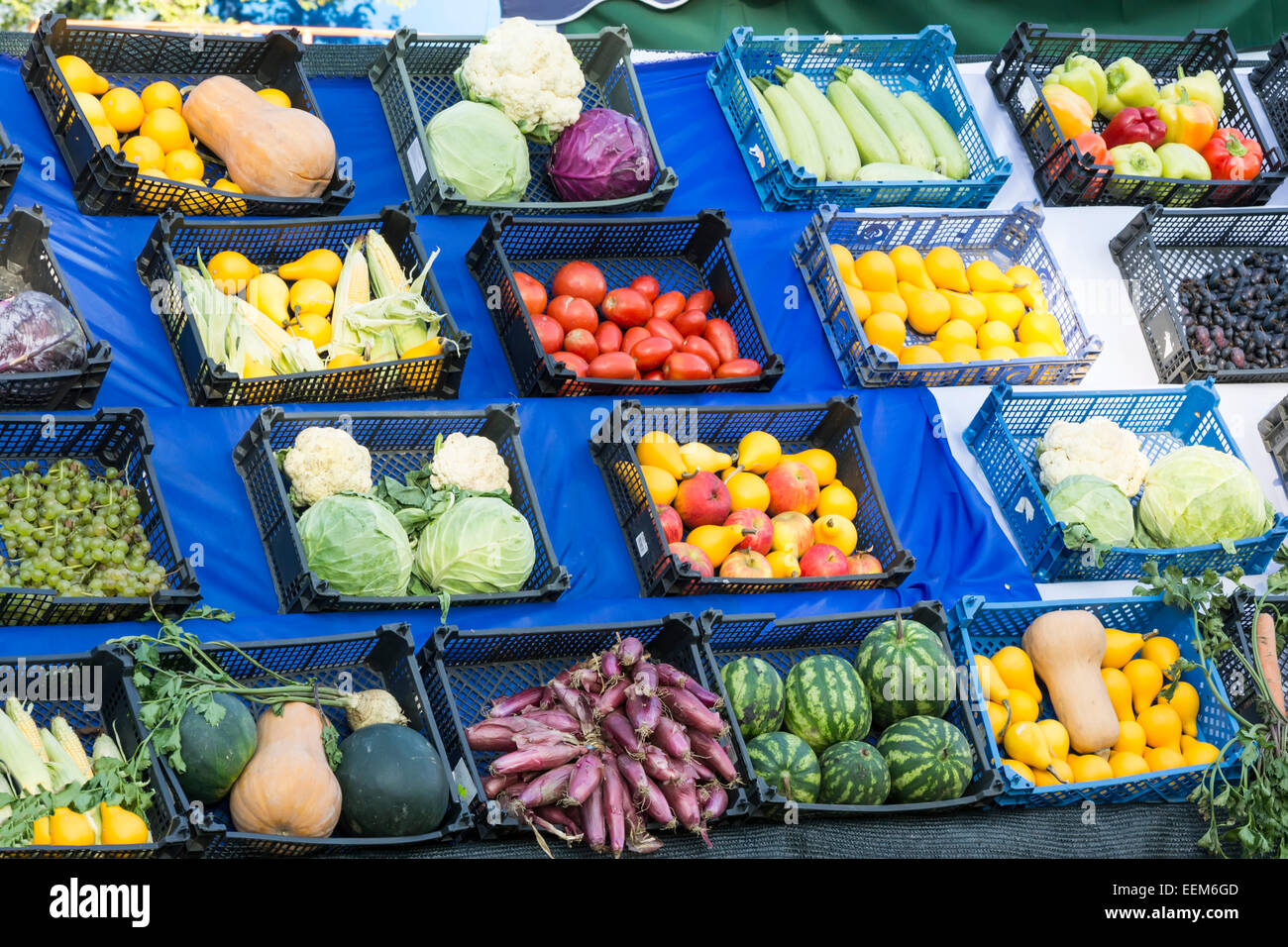 Fresh fruits and vegetables arranged in crates for selling at an autumn fair Stock Photo
