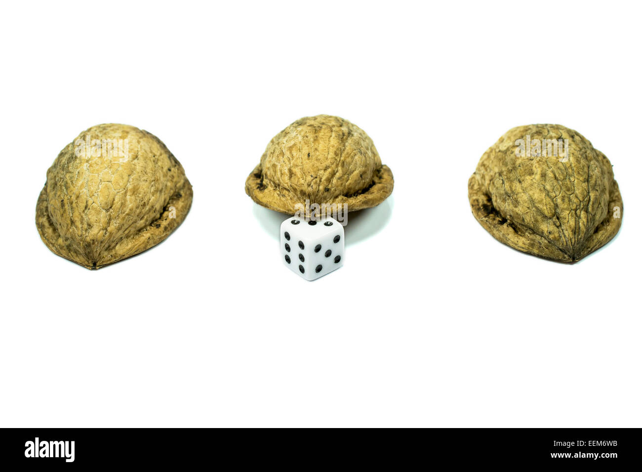 Three nutshells with dice under one of them , as a conceptual illustration  of gambling, luck or guessing game, isolated on whit Stock Photo