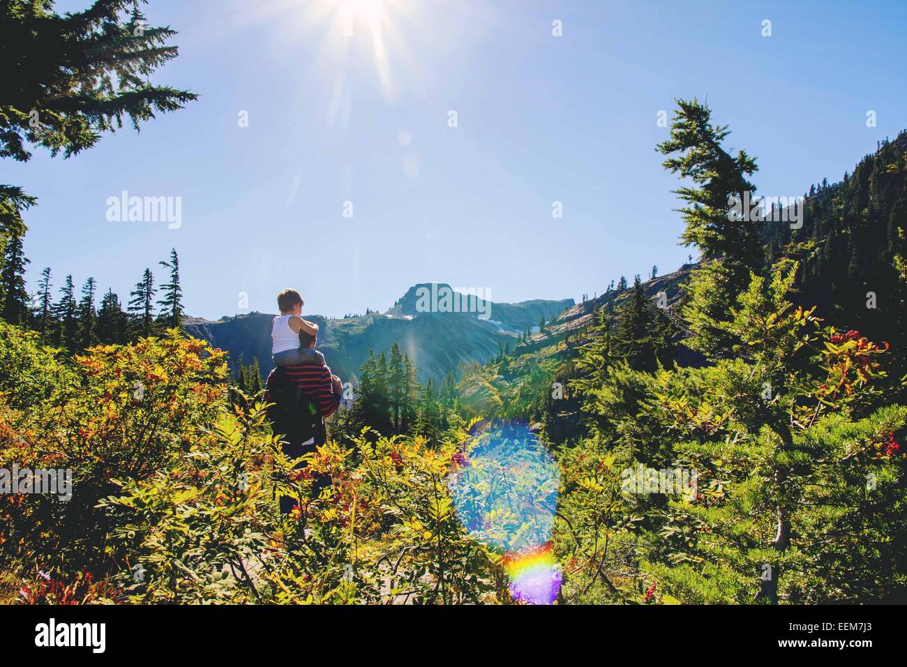 Young boy (2-3) sitting on father's shoulders looking at mountain Stock Photo