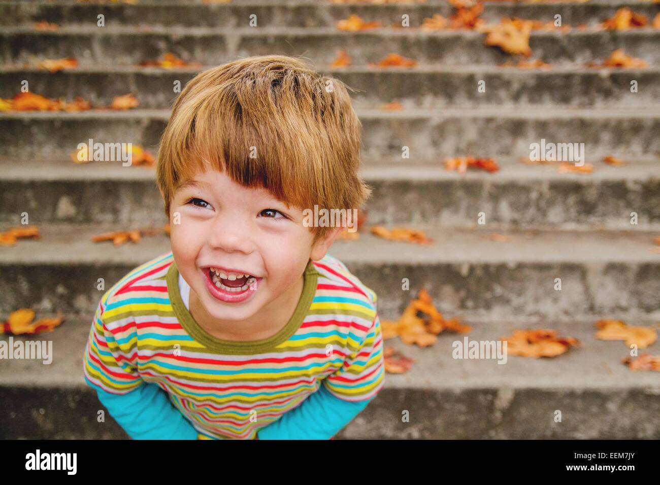 Portrait of a happy boy standing on steps laughing, USA Stock Photo