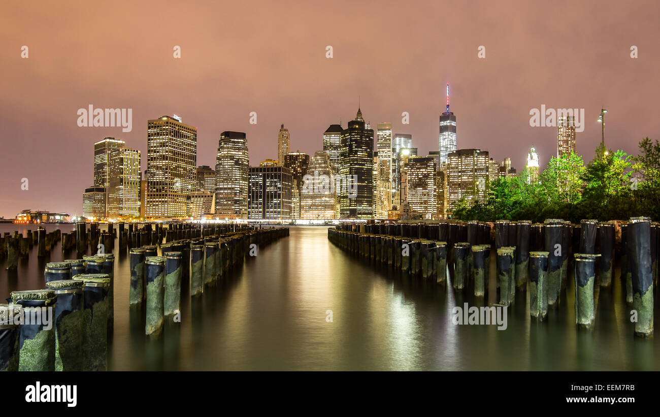 USA, New York State, New York City, Lower Manhattan at night Stock Photo