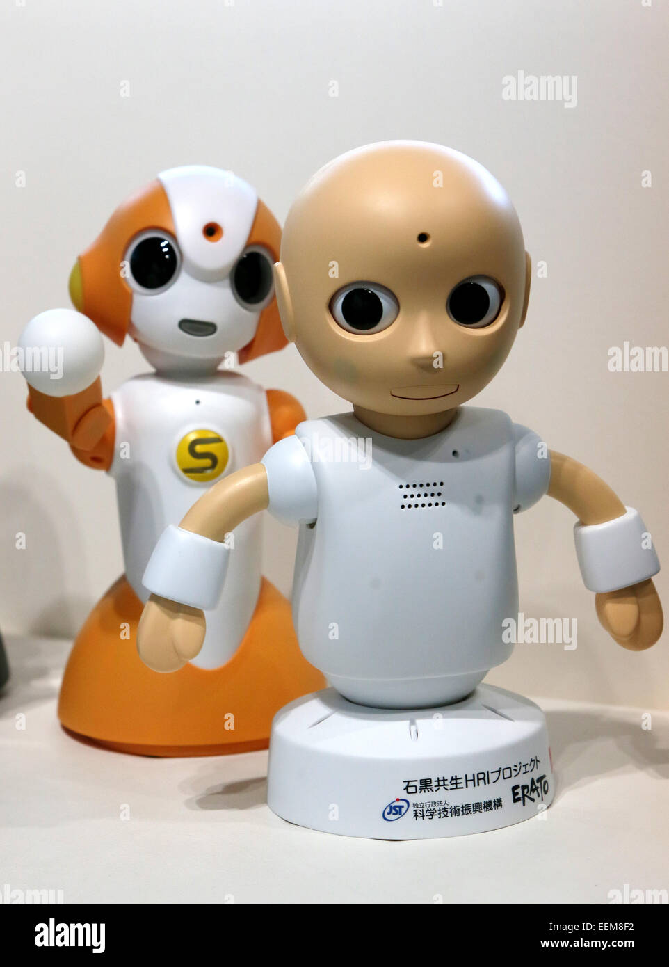 Tokyo, Japan. 20th Jan, 2015. Talking robots "Sota," left, and "CommU" have  robotic chit-chat during a press event in Tokyo on Tuesday, January 20,  2015. The 11-inch-tall button-eyed Sota, going on sale