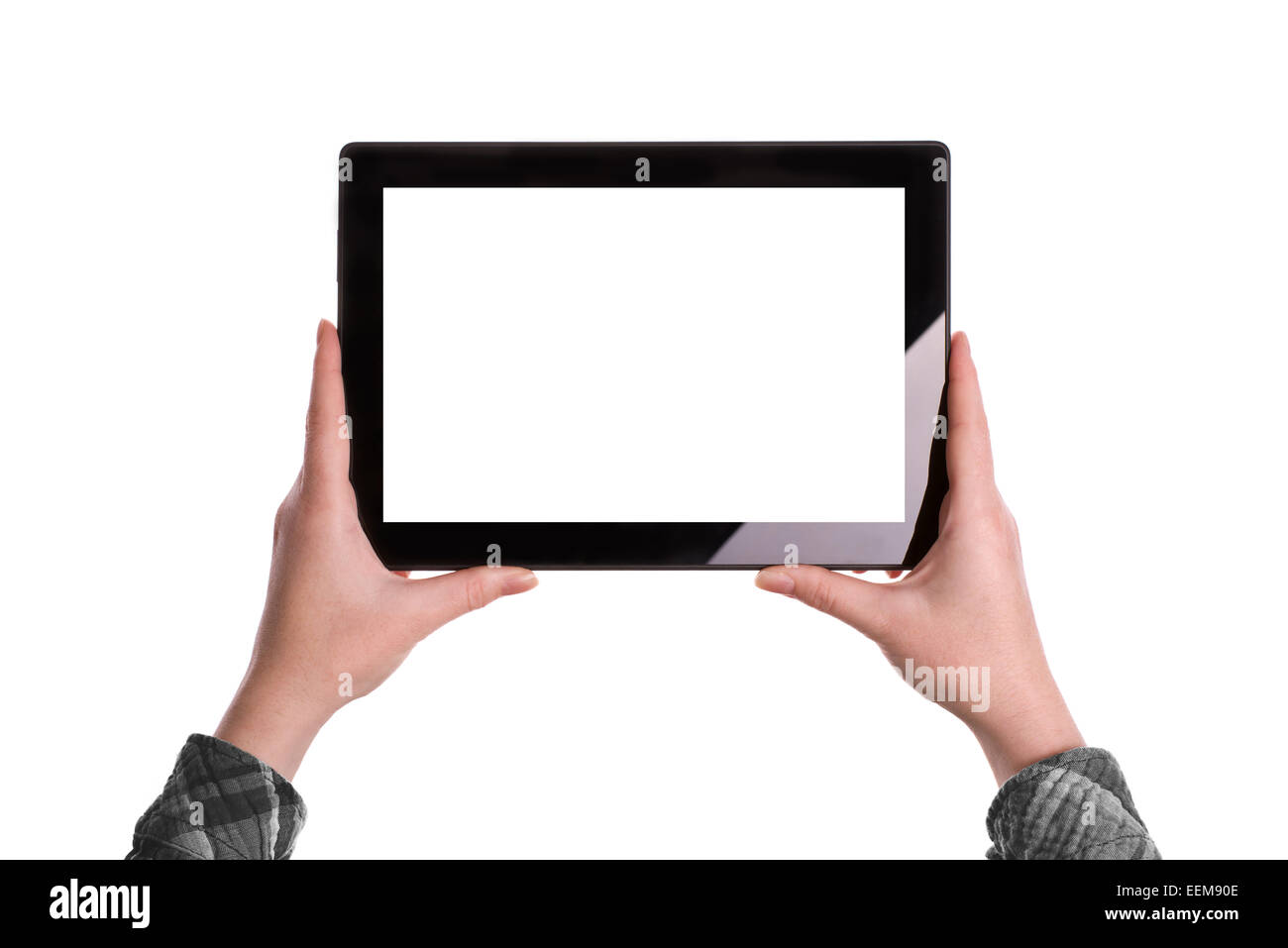 Hands holding Digital Tablet Computer in horizontal position with Blank White Screen as Copy Space isolated on white background Stock Photo