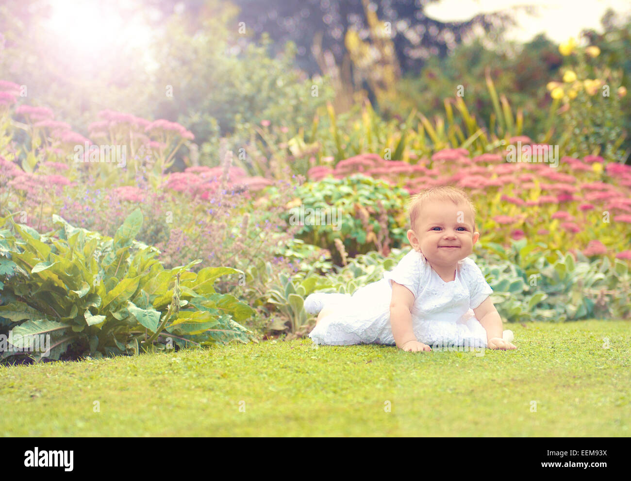 Baby girl (6-11 months) starting to crawl in park Stock Photo