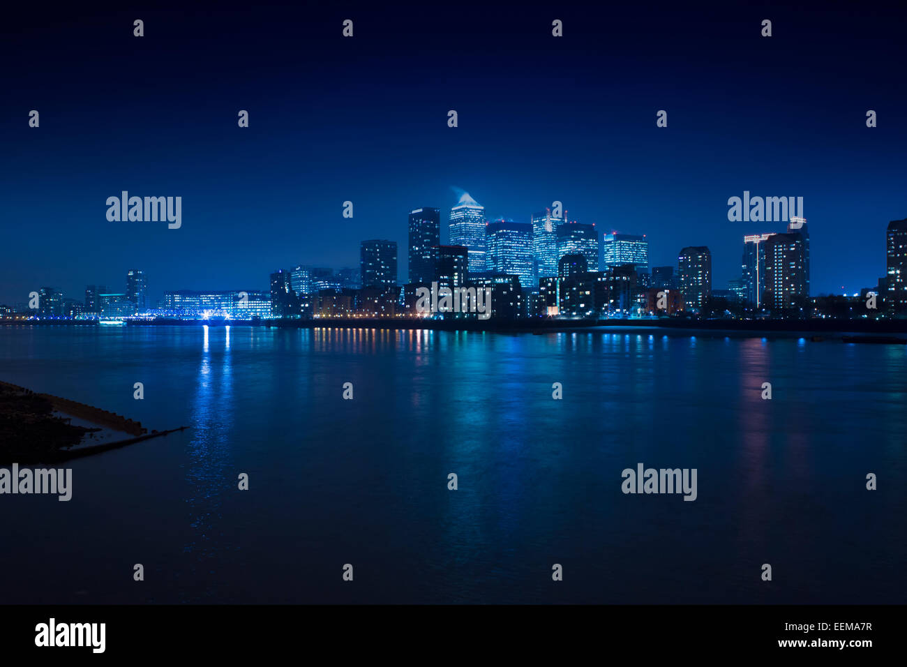 Illuminated skyline in cityscape at night, London, England, United Kingdom Stock Photo