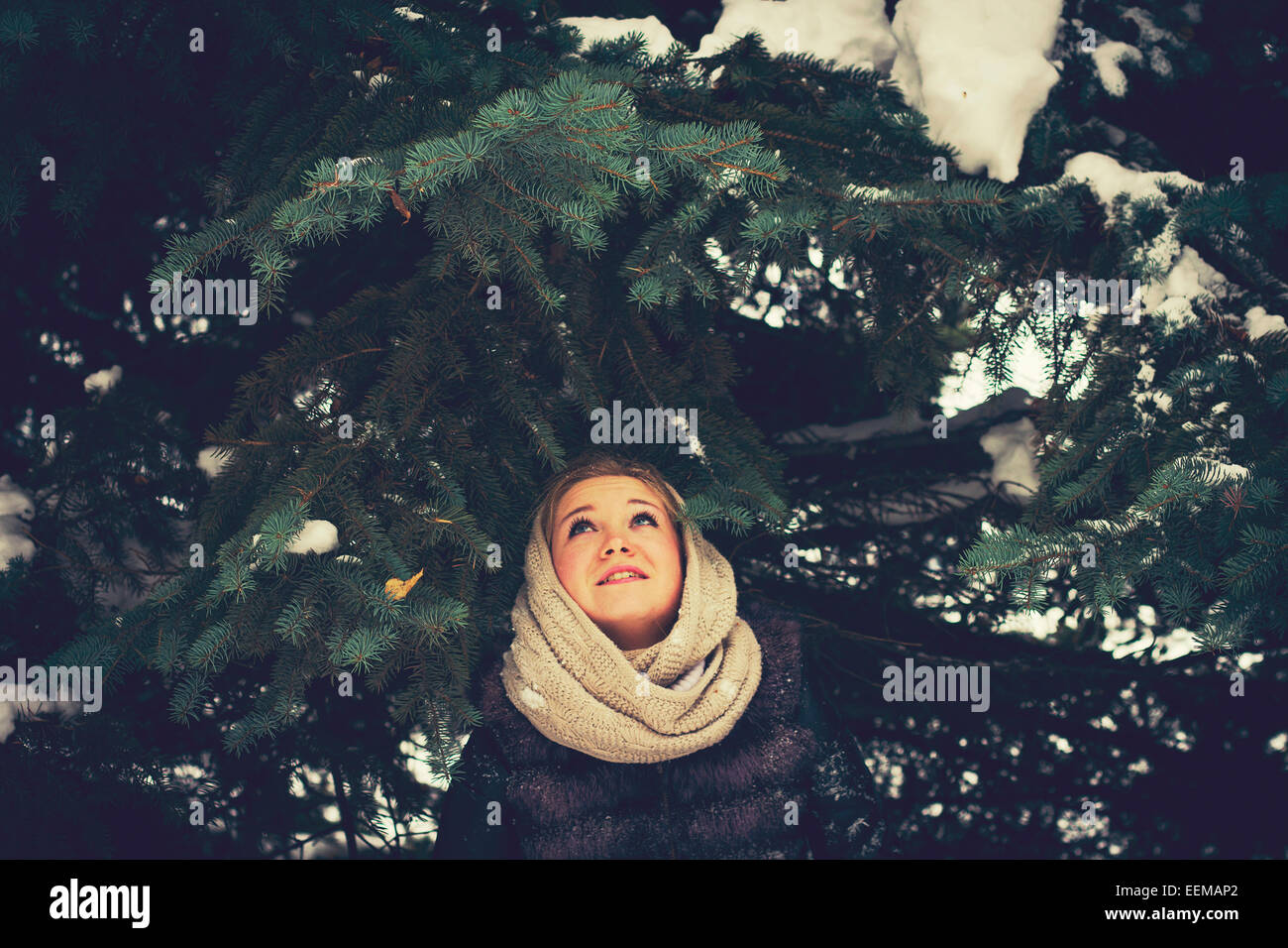 Caucasian woman standing under evergreen tree branches Stock Photo