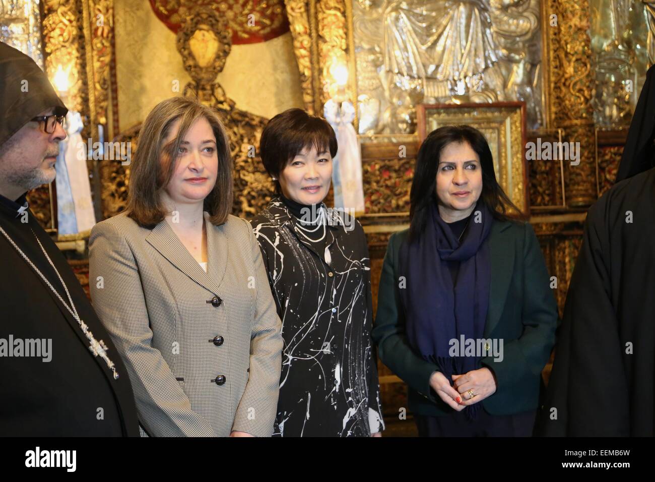 Bethlehem, West Bank, Palestinian Territory. 20th Jan, 2015. Akie Abe, wife of Japan's Prime Minister Shinzo Abe, looks on during her visit to the Nativity Church in the West Bank city of Bethlehem January 20, 2015. The three-day visit to Israel and the Palestinian territories is part of the final leg of a six-day tour of the Middle East, aimed also at promoting regional stability and peace © Muhesen Amren/APA Images/ZUMA Wire/Alamy Live News Stock Photo