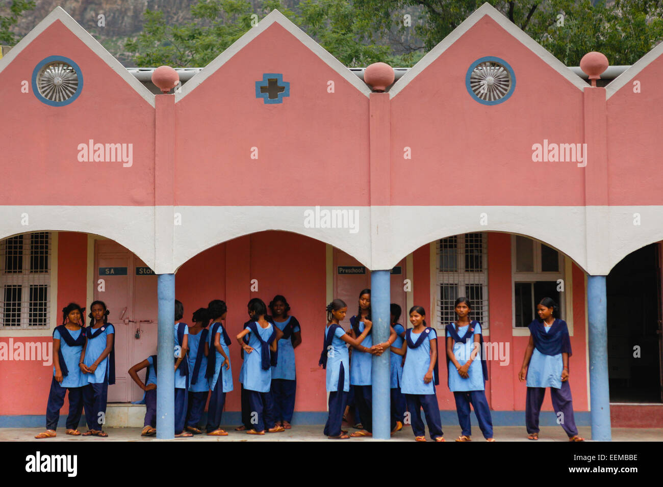 Female students are waiting for a daily briefing session after classes at Sujata Academy complex, a free school and dormitory in Bihar, India. Stock Photo
