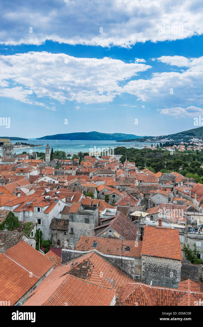 Aerial view of coastal city rooftops under cloudy sky, Trogir, Split, Croatia Stock Photo