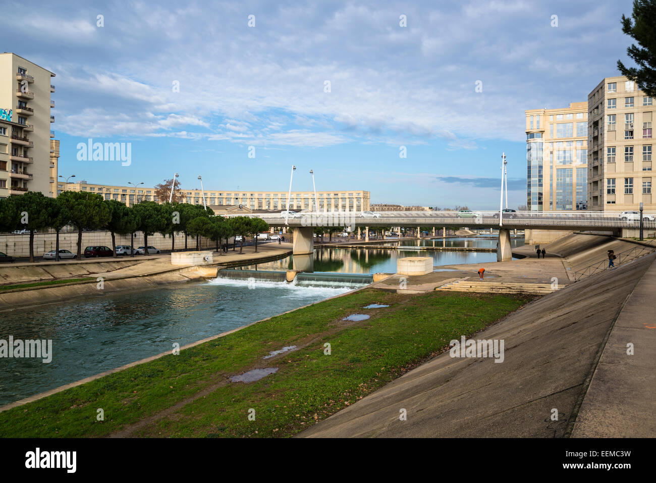 Bridge over river Lez and new urban development, Montpellier, France Stock Photo