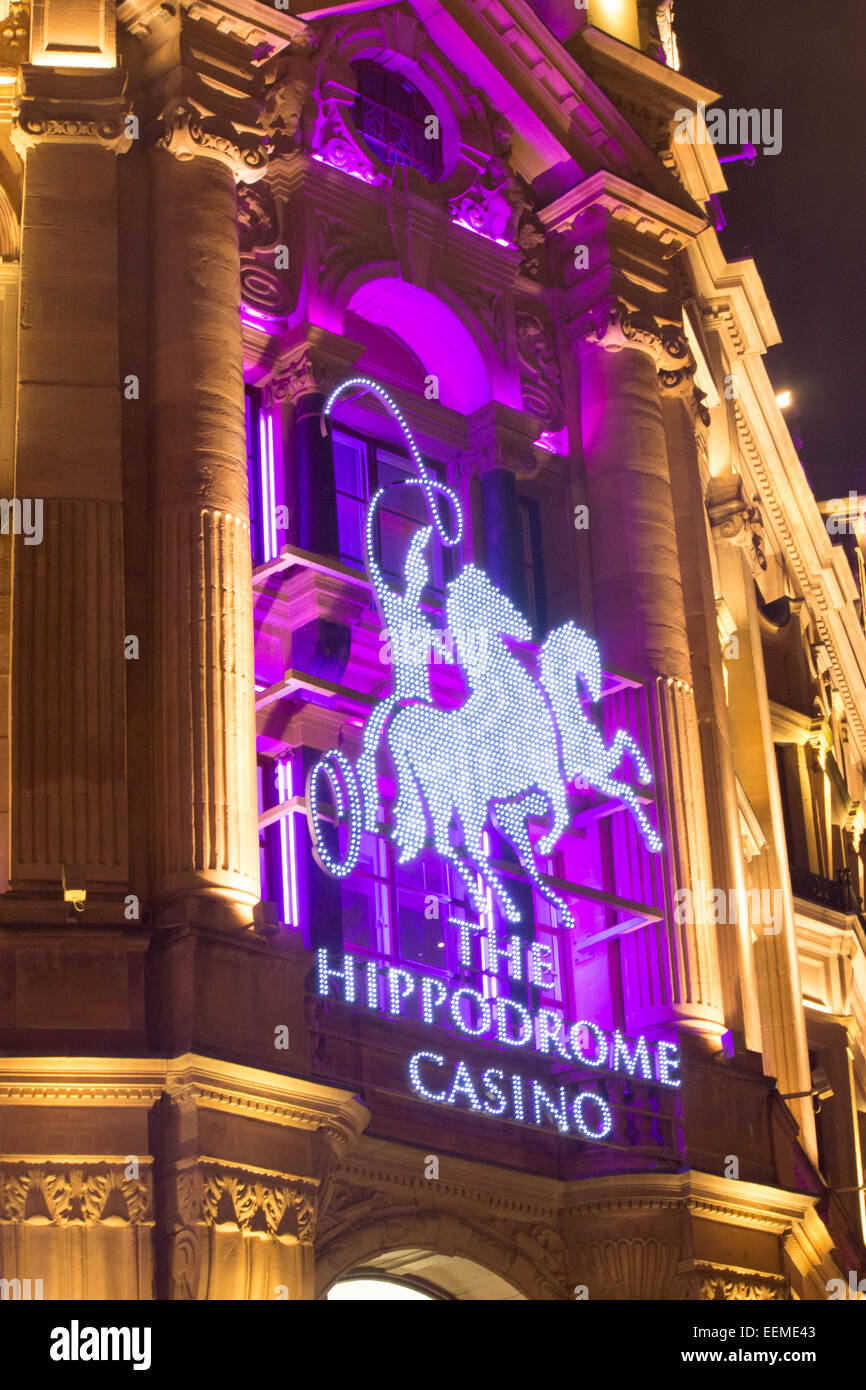 Hippodrome Casino neon signs and horse Charing Cross Road West End London England UK Stock Photo