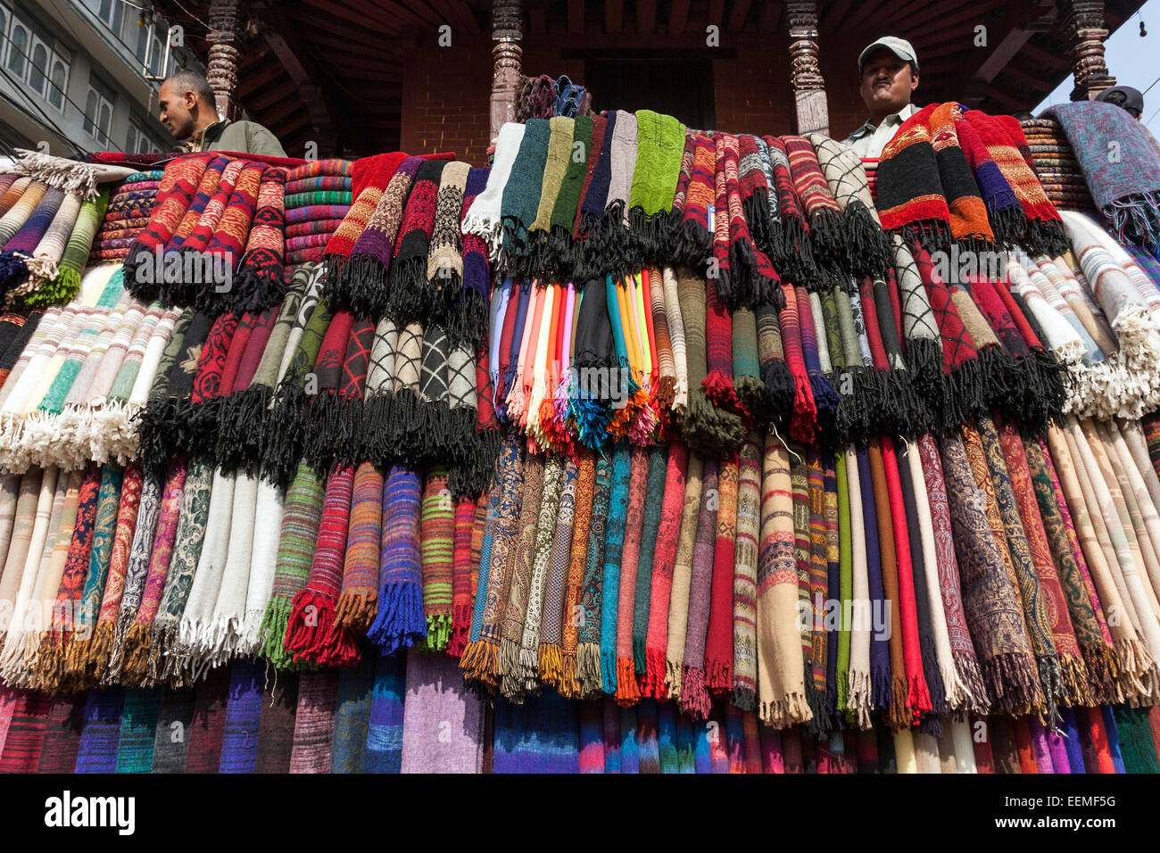 Colorful fabrics, Soffverkäufer, old town, Kathmandu, Nepal Stock Photo