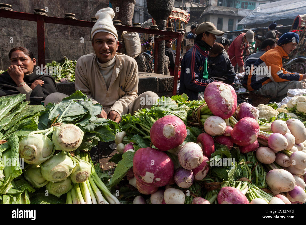 Selling vegetables in the street, vegetable seller, old town, Kathmandu, Nepal Stock Photo