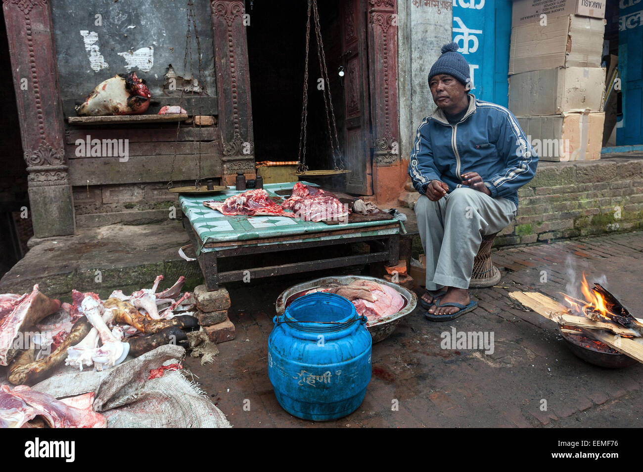 Street butcher, street butchers, meat sale on the street, Bhaktapur, Nepal Stock Photo