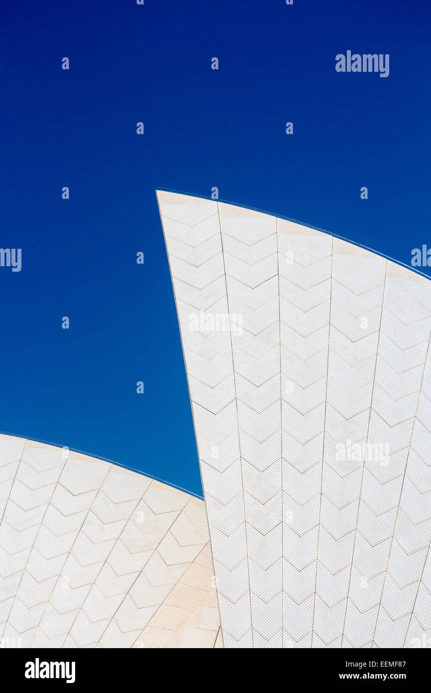 Sydney Opera House Abstract detail of shell or sail roof with tiles, portrait with blue sky Sydney New South Wales NSW Australia Stock Photo