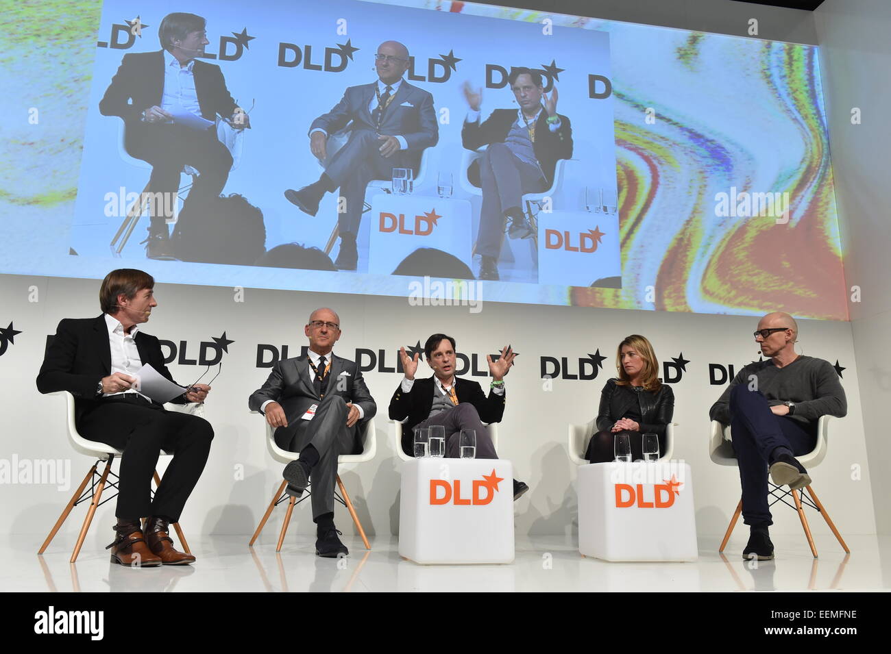 MUNICH/GERMANY - JANUARY 19: Thomas Tochtermann (WEF), Andrea Panconesi (Luisa Via Roma), Gregor Vogelsang (C3), Tracy Yaverbaun (Instagram), and Scott Galloway (L2 Thinktank) sit together on a panel discussion during the DLD15 (Digital-Life-Design) Conference at the HVB Forum on January 19, 2015 in Munich, Germany. DLD is a global network of innovation, digitization, science and culture, which connects business, creative and social leaders, opinion formers and influencers for crossover conversation and inspiration.(Photo: picture alliance/Kai-Uwe Wärner)/picture alliance Stock Photo