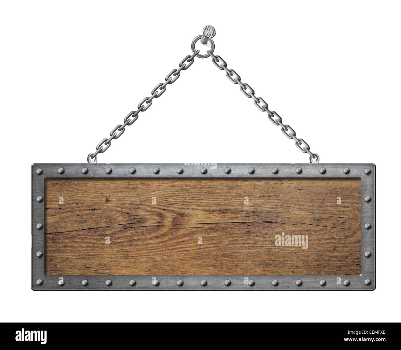 wooden sign board with metal chain isolated Stock Photo