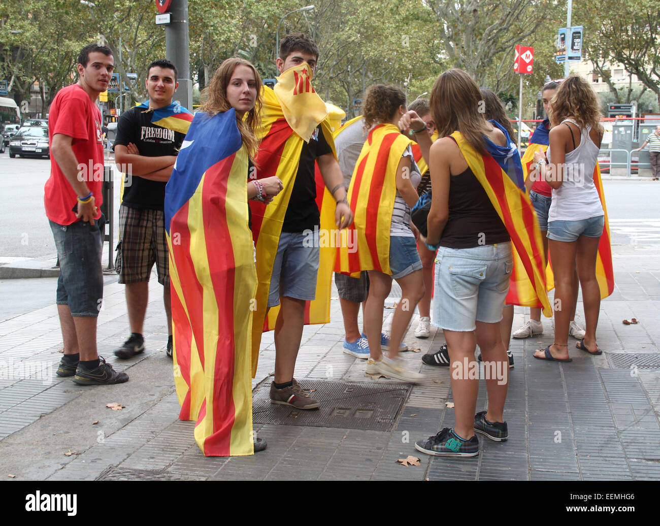 Young Catalans celebrating the National Day of Catalonia (Diada Nacional de Catalunya) 11 September, Barcelona. Stock Photo