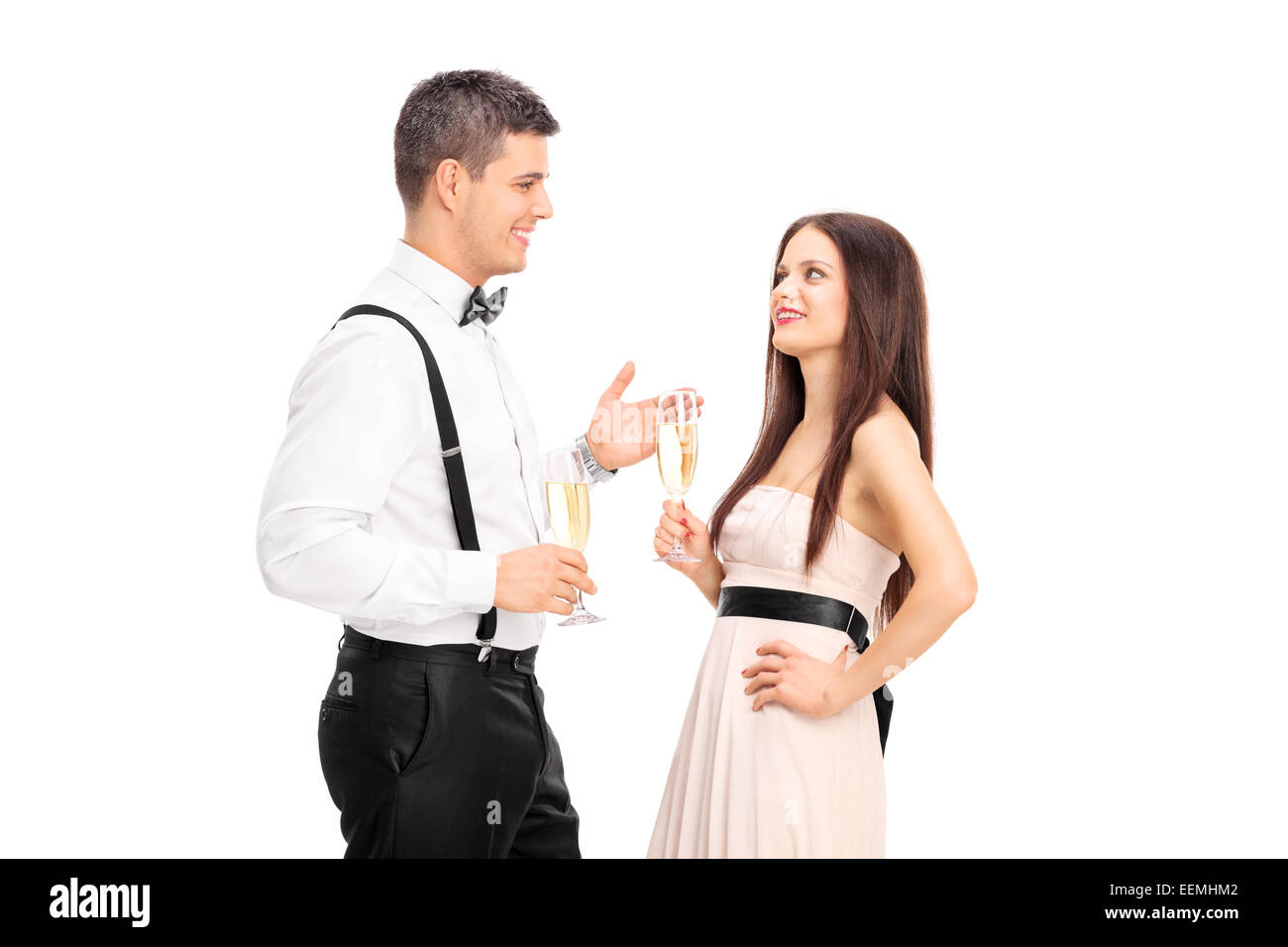 Man and woman having a conversation and drinking wine isolated on white background Stock Photo